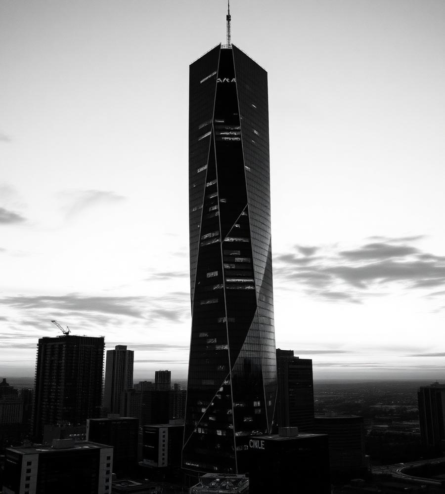 Monochrome aerial view of a commercial tower at dusk