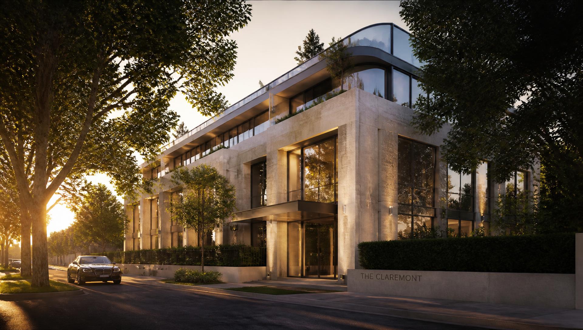 Contemporary luxury residence on a tree-lined street at golden hour